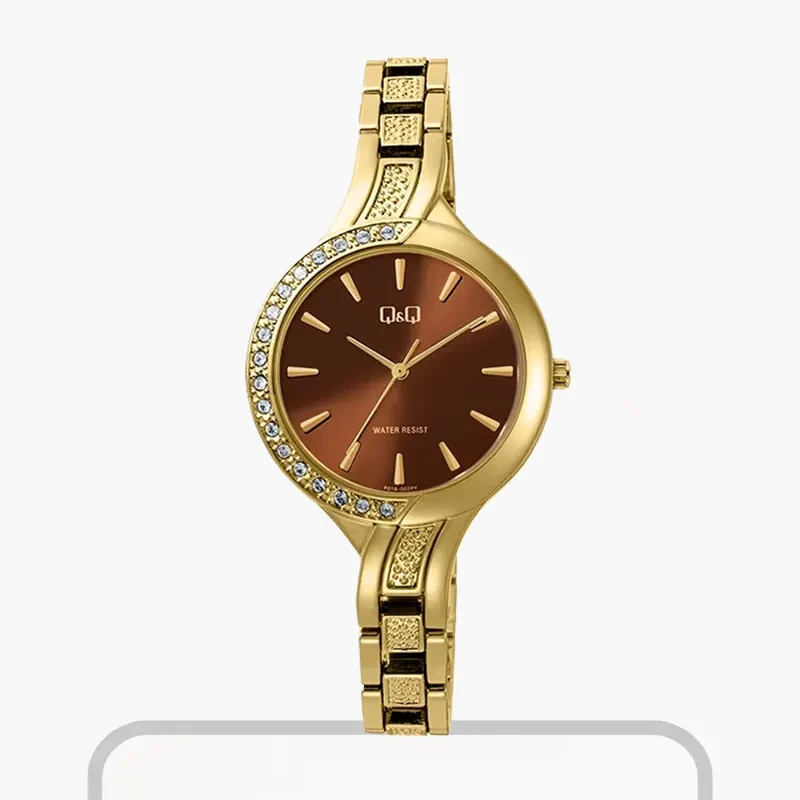Q&Q Brown Dial Gold-tone Fashion Ladies Watch- F01A-002PY